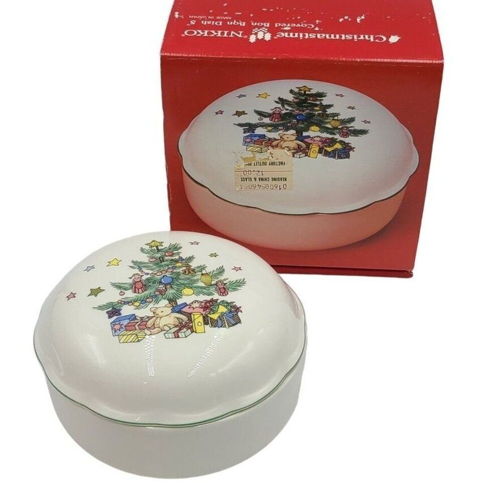 Vintage Nikko Happy Holidays 5" Covered Candy Dish Trinket Box Christmas Tree